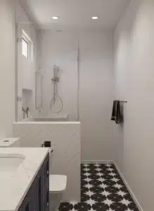 Interior view of a bathroom showcasing a black and white checkered tile floor