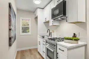 Minimalist kitchen design with efficient hidden storage cabinets