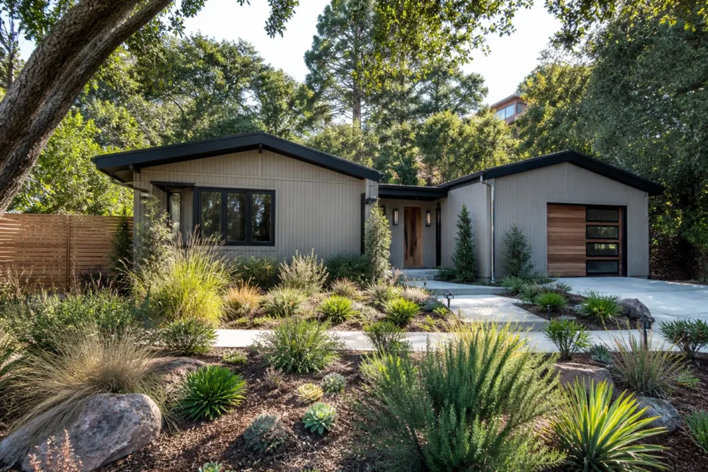 Mid-century house with new siding, design example